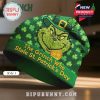 Green beanie with Grinch in a St. Patrick's Day hat, shamrocks and text: 'The Grinch Who Stole St. Patrick's Day'.!