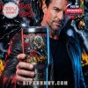 Iron Maiden tumbler with The Number of the Beast 50th anniversary design held by man in leather jacket, showing front artwork and bold colors!