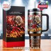 Iron Maiden 50th Anniversary tumbler with handle and matching box featuring The Number of the Beast artwork on wooden table!