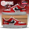 Custom Utah Utes fan sneakers with red overlays, white base, black swoosh, and bold championship prints on the side panels, placed on a shoebox!