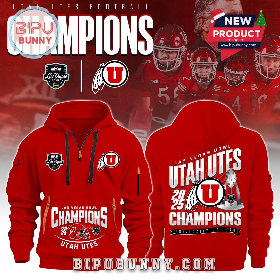 Utah Utes Las Vegas Bowl Champions 2026 Red Quarter-Zip Hoodie Utah Utes Las Vegas Bowl Champions 2026 Red Quarter-Zip Hoodie