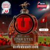 Utah Utes logo-shaped whiskey bottle with a horse-shaped lid and feather design.