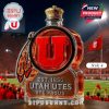 Utah Utes logo-shaped whiskey bottle with crown-shaped lid and feather design.