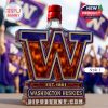 Washington Huskies logo-shaped whiskey bottle with a horse-shaped lid in purple and gold.