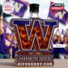 Washington Huskies logo-shaped whiskey bottle with black cap and purple and gold design.