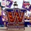 Washington Huskies logo-shaped whiskey bottle with a horse-shaped lid in purple and gold design.