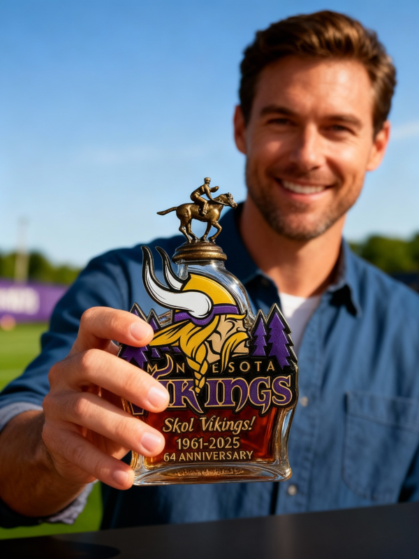 Front View of Minnesota Vikings Commemorative Whisky Bottle with Viking Helmet Design