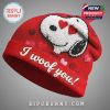XOXO Snoopy Valentine's Day beanie hat featuring Snoopy surrounded by hearts. Warm and cozy winter hat for Valentine's.