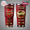 Arsenal tumbler featuring the Arsenal logo, Emirates Stadium, and customizable nameplate on a red leather-like background.!