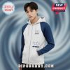 ATEEZ zip hoodie with blue raglan sleeves, featuring the ATEEZ logo in blue on the left chest.!