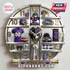 Baltimore Ravens themed wall clock featuring team logos, gear, and stadium imagery on a silver metal frame.!