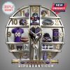 Wall clock with Baltimore Ravens-themed items as hour markers, including a jersey, stadium, and logo.!