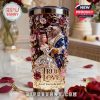 Personalized tumbler with a Beauty and the Beast themed design, names Emily and Albert, and the quote 