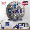 Buffalo Bills themed wall clock with football merchandise display shelves including jersey, helmet, and stadium.!