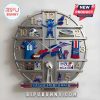 Buffalo Bills themed clock with jersey, stadium, helmet, scarf, trophy, mascot, and football items inside clock.!
