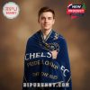 Man wrapped in a blue Chelsea FC blanket with gold accents, featuring 'CHELS', 'PRIDE LONDON', and 'THIS THE BLUES' text.!