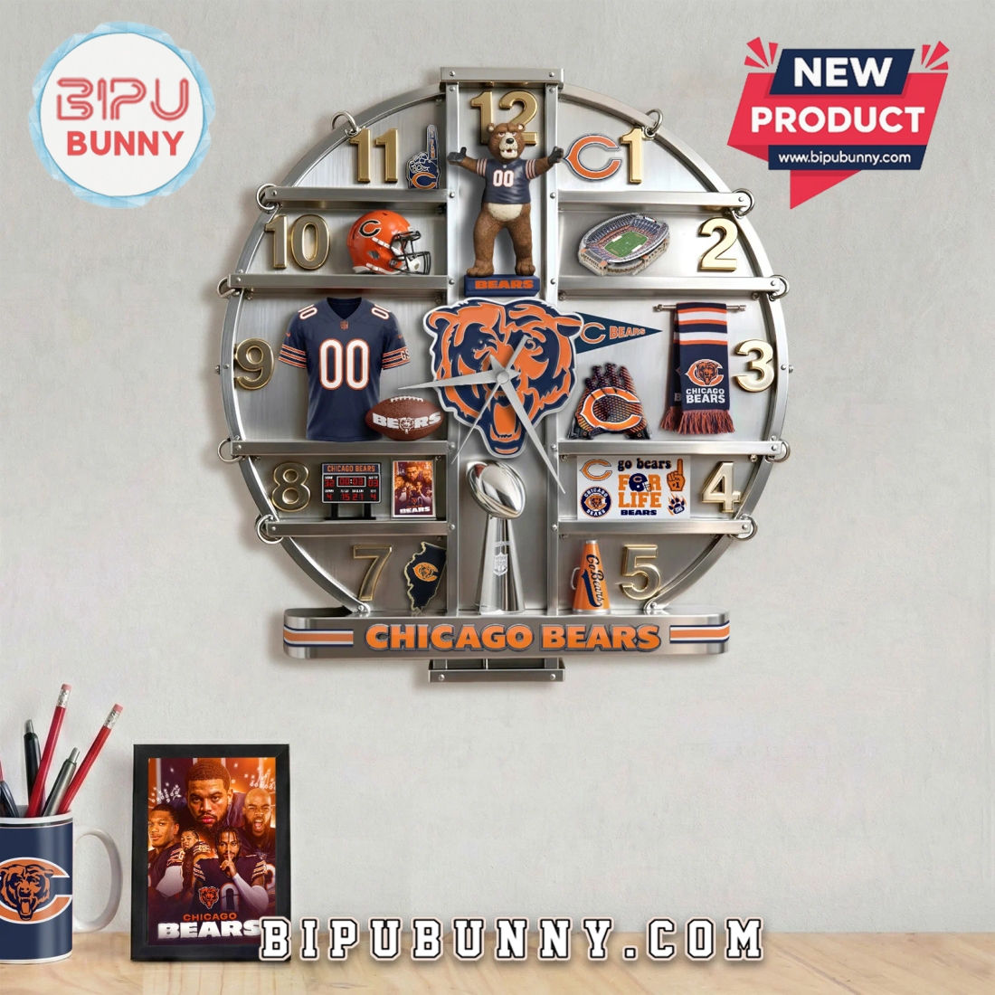 Chicago Bears 3D Visual Effect Sports Fan Wall Clock Chicago Bears 3D Visual Effect Sports Fan Wall Clock