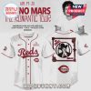A white baseball jersey featuring 'Reds' text and a Bruno Mars graphic for 'The Romantic Tour'.!