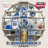A wall clock themed with Dallas Mavericks basketball memorabilia, including jersey, mascot, stadium, and trophy.!