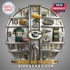 Green Bay Packers themed clock with team logos, jersey, football, helmet, cheesehead figure and Lambeau Field image.!