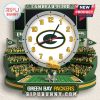 Green Bay Packers stadium wall clock featuring a Cheesehead character and Lambeau Field backdrop.!