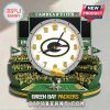 Green Bay Packers stadium wall clock featuring Lambeau Field, fans, and a cheesehead mascot holding a trophy.!