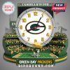Green Bay Packers stadium design with clock, Lambeau Field background, and cheesehead character holding a trophy.!