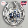 Silver horseshoe clock with Indianapolis Colts football memorabilia on shelves instead of numbers.!