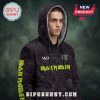 Man in hooded sweatshirt with Iron Maiden graphics and text.!