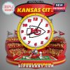 Kansas City Chiefs themed clock with a stadium backdrop and KC Wolf mascot. Perfect for football fans!