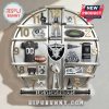 A Las Vegas Raiders themed wall clock showing team merchandise on a shelf.!