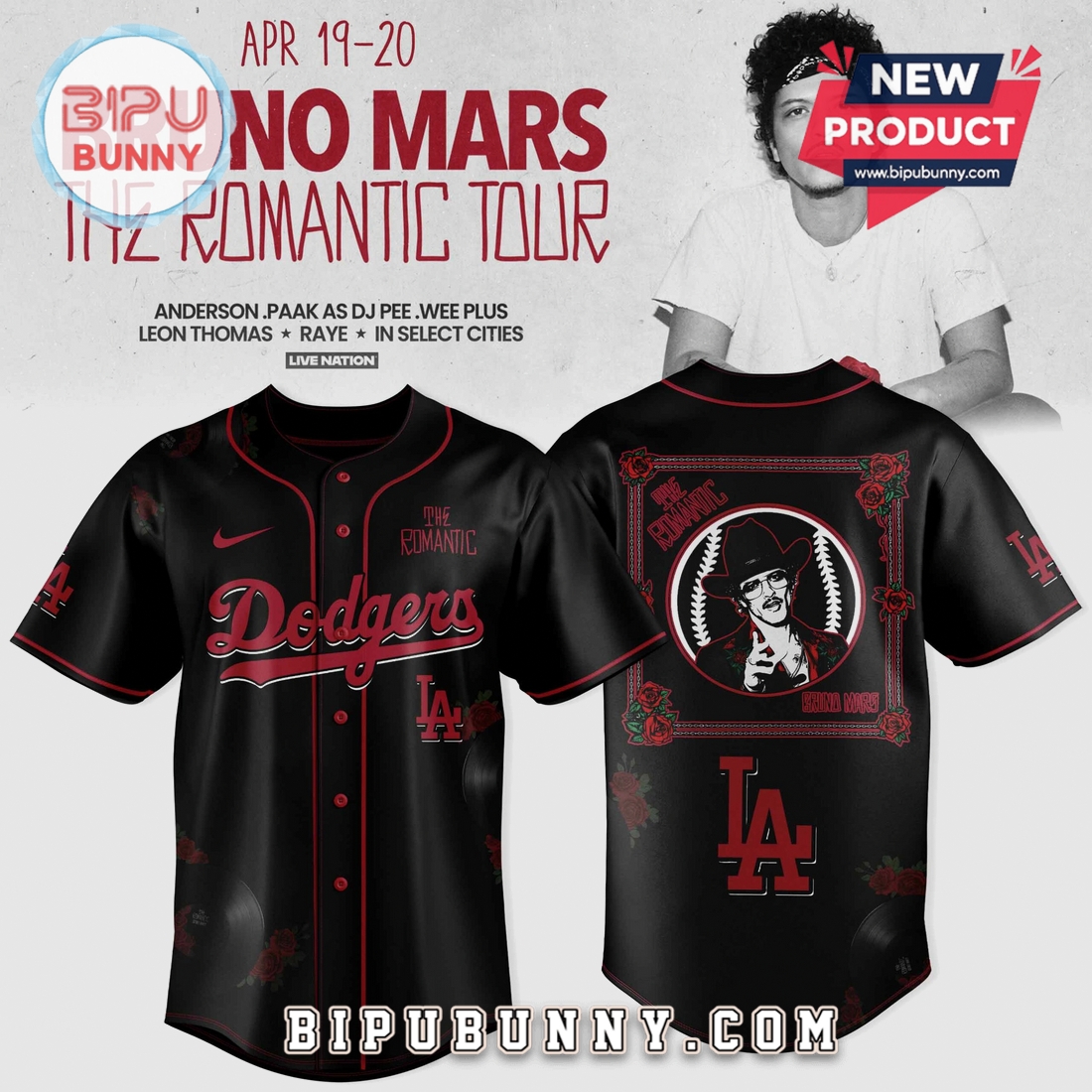 Los Angeles Dodgers Bruno Mars The Romantic Tour Baseball Jersey Los Angeles Dodgers Bruno Mars The Romantic Tour Baseball Jersey