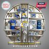 Los Angeles Rams themed wall clock with team merchandise; clock hands point to Rams logo at center.!