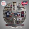 New England Patriots themed wall clock featuring sports memorabilia on shelving around the clock face.!