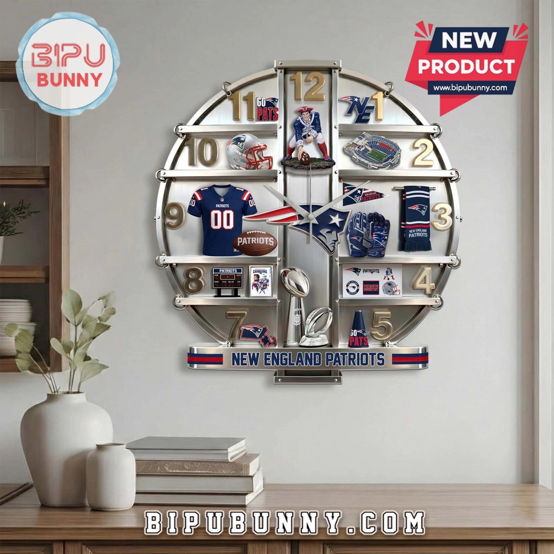 New England Patriots 3D Visual Effect Team Logo Wall Clock New England Patriots 3D Visual Effect Team Logo Wall Clock