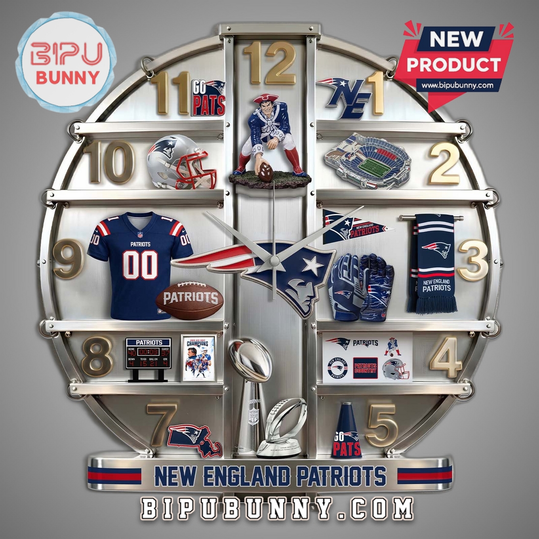 New England Patriots 3D Visual Effect Team Logo Wall Clock New England Patriots 3D Visual Effect Team Logo Wall Clock
