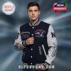 Man in a New England Patriots themed varsity jacket with 