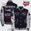 New England Patriots Letterman Jacket featuring team logos, text like 'Super Bowl Champ', and 'Champions' slogan.!