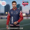 Patriots custom jacket with team logo, Super Bowl 250 emblem, name slot, and red sleeves.!