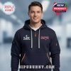 Man wears a blue hoodie with Super Bowl LIX logo and Champions with Patriots logo.!
