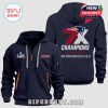 Navy hoodie with New England Patriots Super Bowl Champions design: front shows Super Bowl logo and 'Champions', back shows '7X Champions' with years.!
