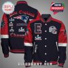 New England Patriots themed letterman jacket with team logos and Super Bowl patches!