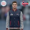 Man wearing Patriots Super Bowl LVII jacket, featuring NFL logo, and Patriots text on sleeve.!