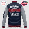 Jacket featuring Super Bowl LIII Champions Patriots design, navy body, grey sleeves, and red/navy striped trim.!