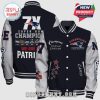 Patriots 7x Super Bowl Champions Varsity Jacket with years and logos on a navy and white design.!