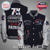 New England Patriots themed letterman jacket featuring team logos, Super Bowl wins, and 'Champions' text!