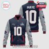 Navy and gray jacket with Patriots logos, Super Bowl LIX logo, and the name MAYE with number 10.!