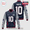 Navy and gray baseball jacket with 'MAYE' and '10' on the back. Patriots logos and Super Bowl LIII patch on the front.!