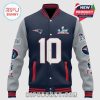 Varsity jacket featuring a Patriots theme, number 10, and Super Bowl graphics.!