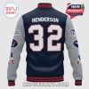 Back view of a jacket featuring 'Henderson' and the number '32', with New England Patriots logos on the sleeves.!